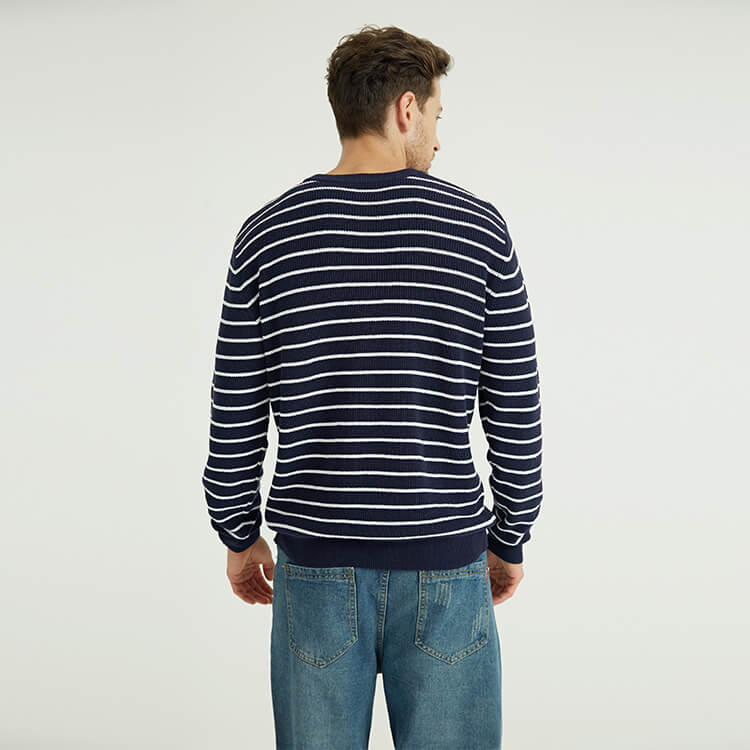 Custom Men\'s 100% Cotton Vintage Navy White Striped Crew Neck Sweater