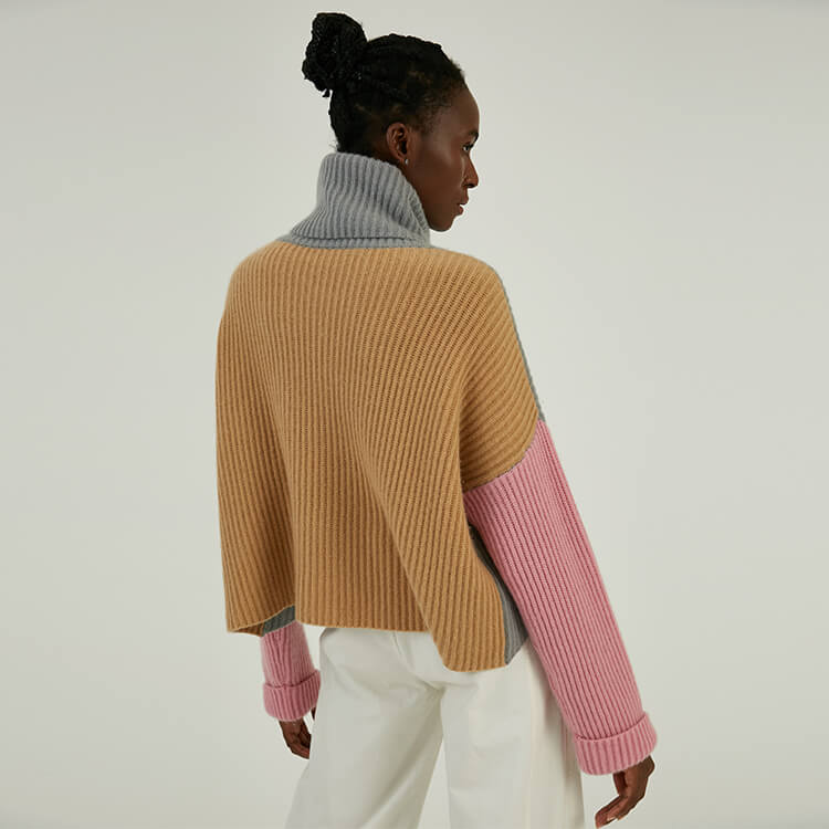 Knitwear Manufacturer Custom 100% Cashmere Colorblock Turtleneck Knit Sweater