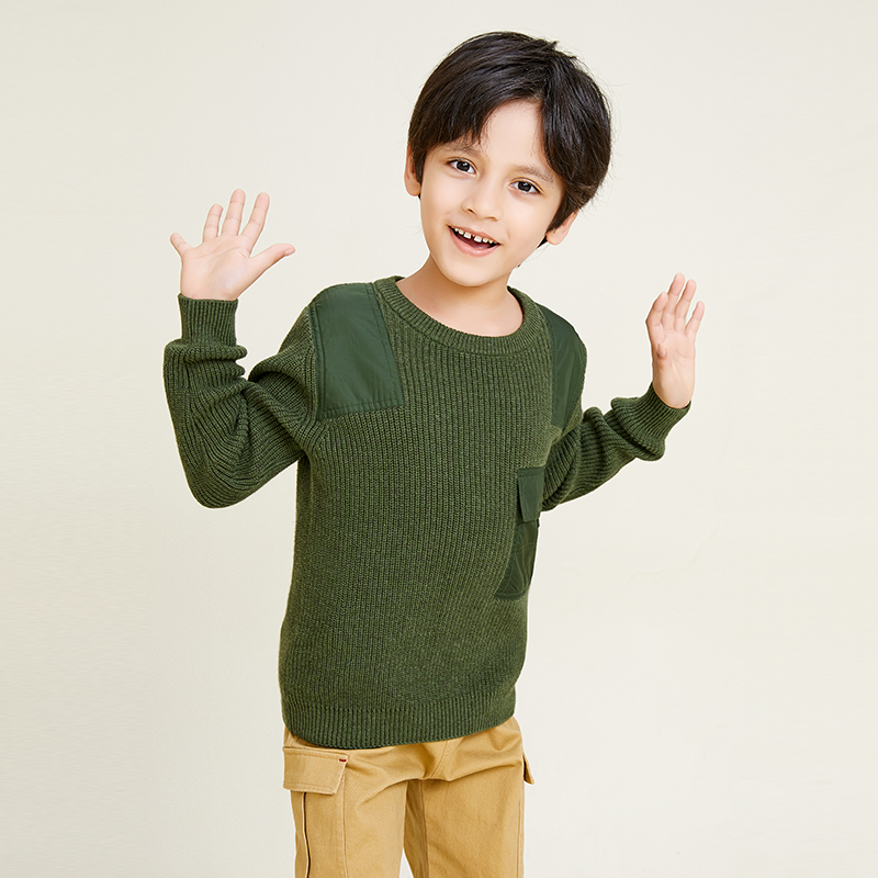 Boys Long Sleeve Crew Neck Knit Pullover Green Pocket Sweater