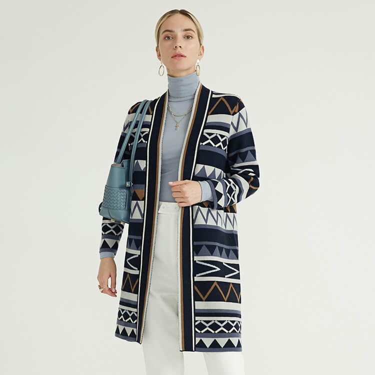 Autumn Winter Merino Wool Cashmere Lady\'s Cardigan Knitted Coat With Striped Design