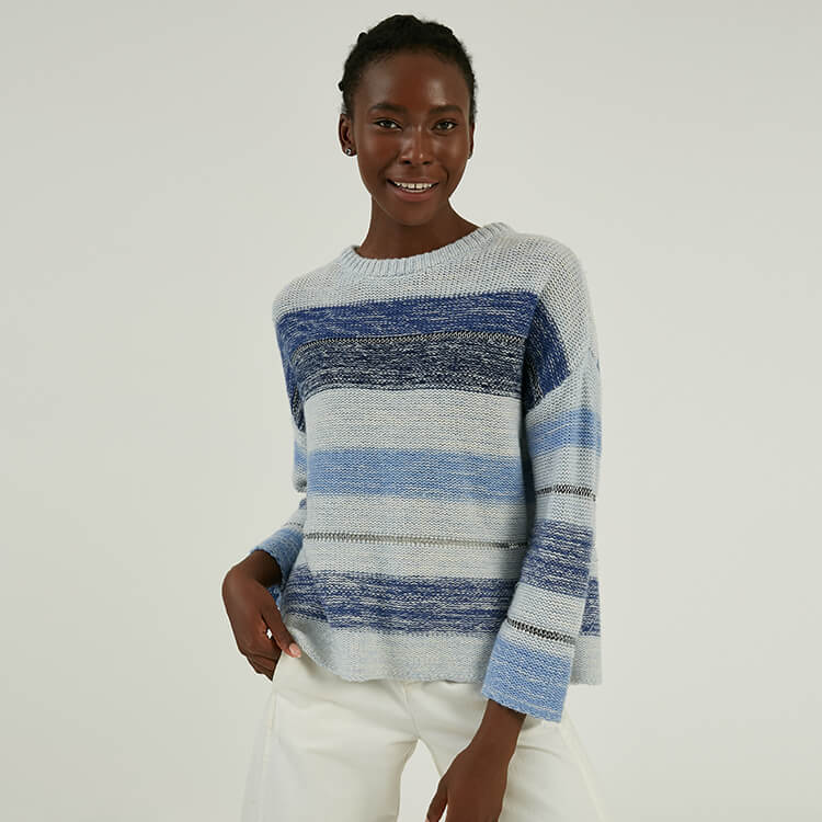 Cashmere Wool Blend Heavy Gauge Reverse Jersey Striped Knit Pullover Sweater