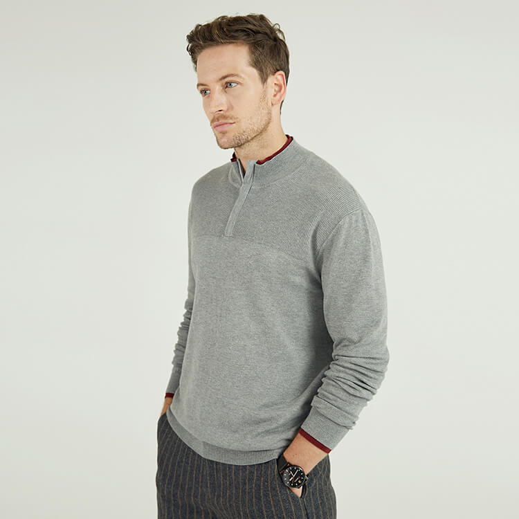 Custom Men\'s 100% Cotton 1/4 Zipper Rib Knitted Pullover Jumpers