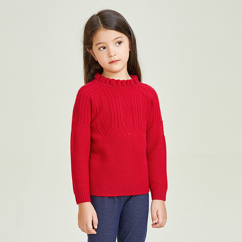 Lace Round Neck Knitting Long Sleeve Red Warm Girls Pullover Sweater