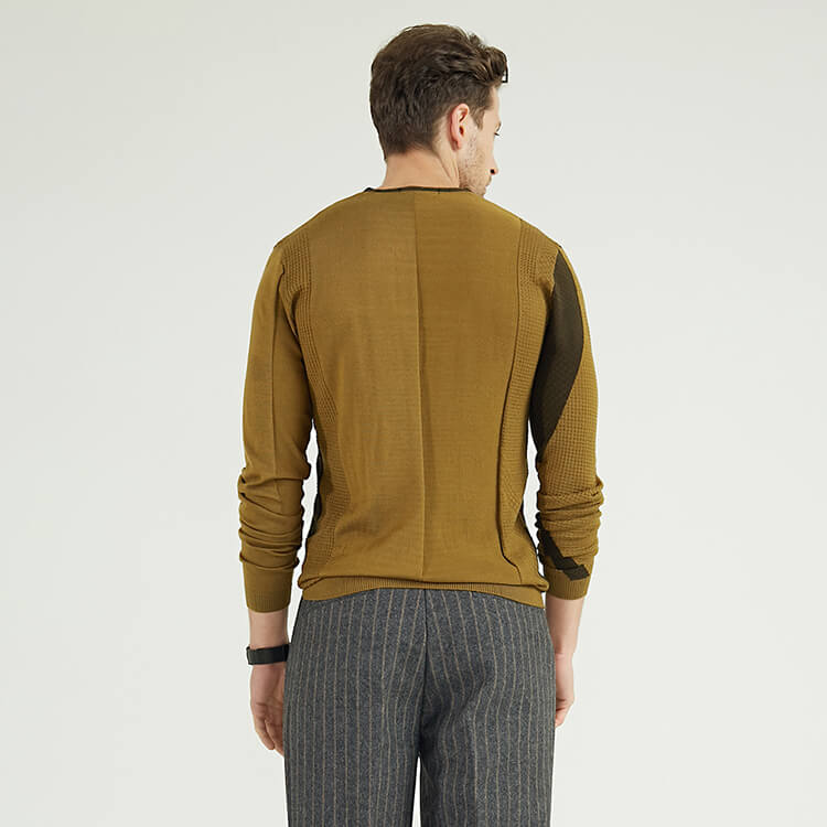 Customized Men\'s Wool Bamboo Blend Intarsia V Neck Knitted Sweater